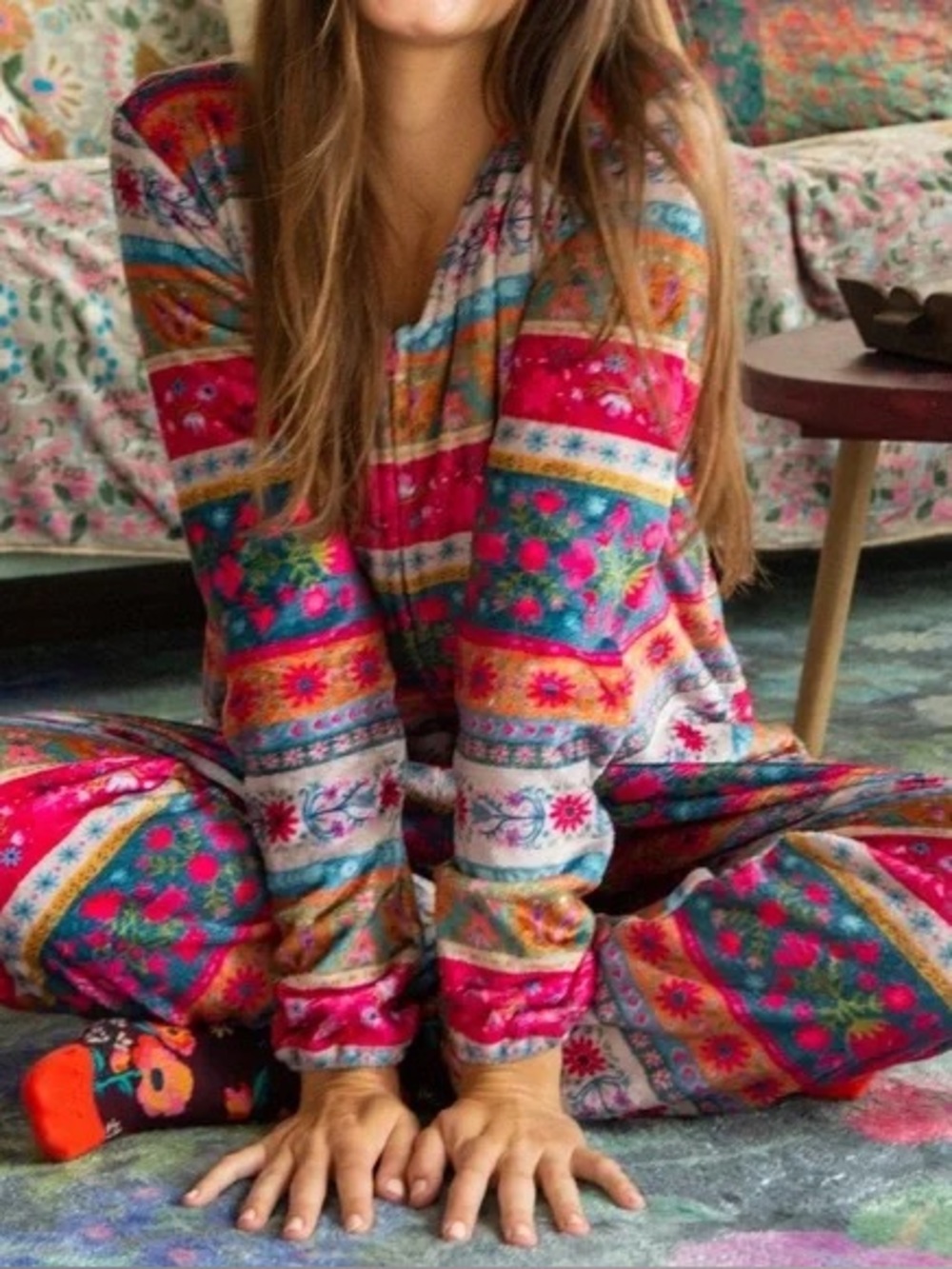 Natural Life Border Print Fleece Onesie Size XL Floral Comfy Jumpsuit Pink